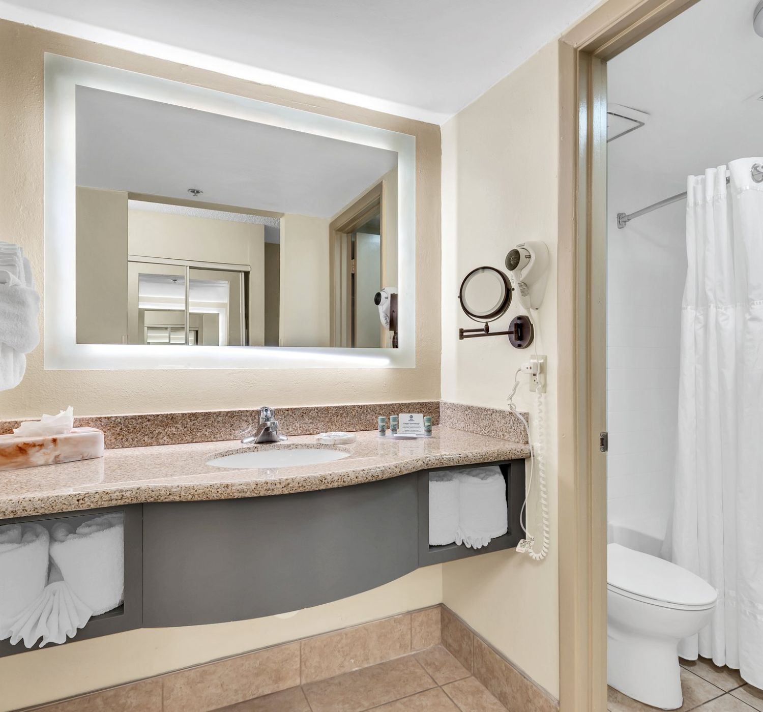A modern bathroom with a large mirror, sink, towels, and toiletries, adjacent to a shower and toilet with a grab bar and white curtain ending the sentence.