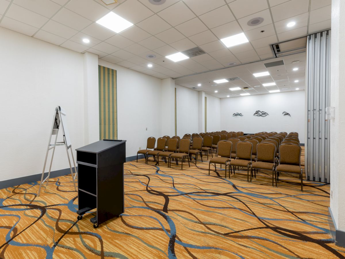 An empty conference room with rows of chairs, a podium, and a ladder against the wall. The room has a patterned carpet and a white ceiling.