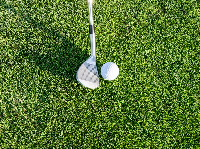An image shows a close-up of a golf club and a golf ball on a grassy field, ready for a shot.